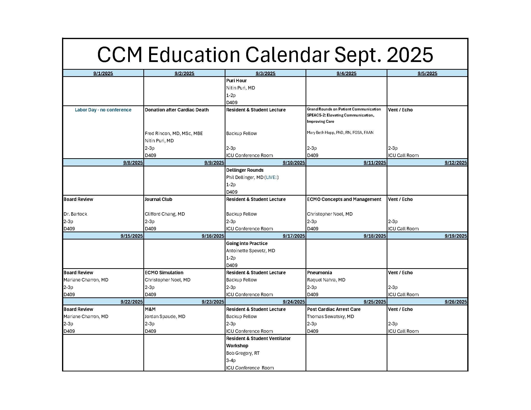 CCM Education Calendar Sept 2025